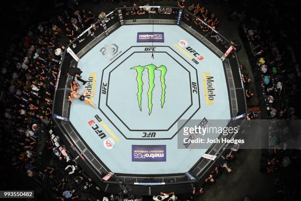 An overhead view of Anthony Pettis controlling Michael Chiesa in their lightweight fight during the UFC 226 event inside T-Mobile Arena on July 7,...