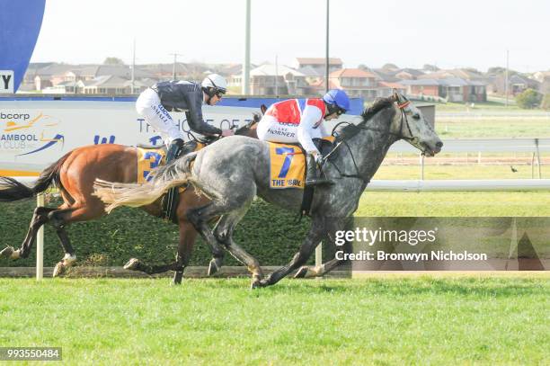 Daily Donation ridden by Lee Horner wins the Dwyer Robinson BM58 Highweight Handicap at Warrnambool Racecourse on July 08, 2018 in Warrnambool,...