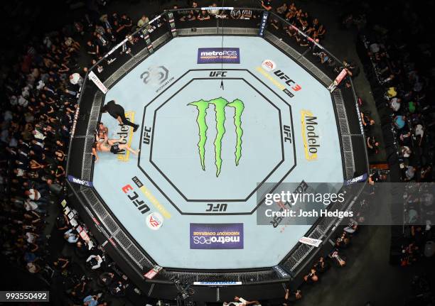 An overhead view of Anthony Pettis controlling Michael Chiesa in their lightweight fight during the UFC 226 event inside T-Mobile Arena on July 7,...