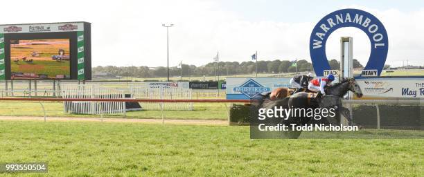 Daily Donation ridden by Lee Horner wins the Dwyer Robinson BM58 Highweight Handicap at Warrnambool Racecourse on July 08, 2018 in Warrnambool,...