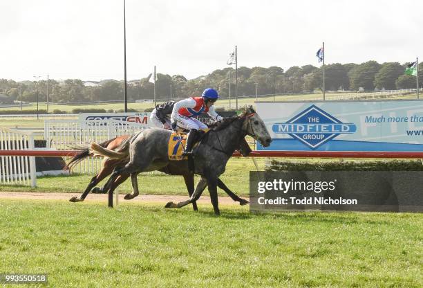 Daily Donation ridden by Lee Horner wins the Dwyer Robinson BM58 Highweight Handicap at Warrnambool Racecourse on July 08, 2018 in Warrnambool,...