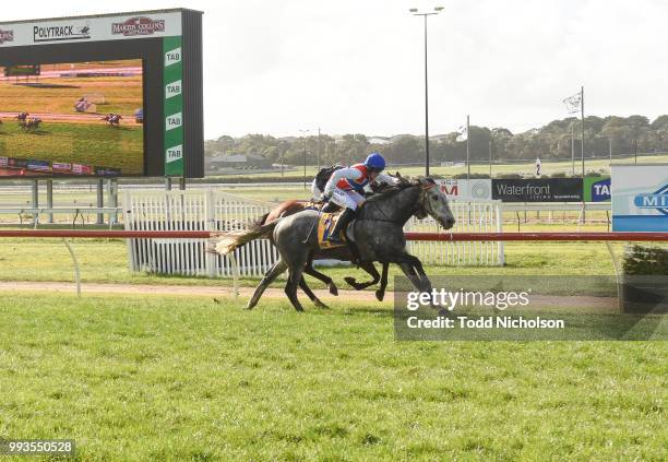 Daily Donation ridden by Lee Horner wins the Dwyer Robinson BM58 Highweight Handicap at Warrnambool Racecourse on July 08, 2018 in Warrnambool,...