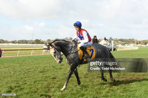 Daily Donation ridden by Lee Horner goes out for the Dwyer Robinson BM58 Highweight Handicap at Warrnambool Racecourse on July 08, 2018 in...