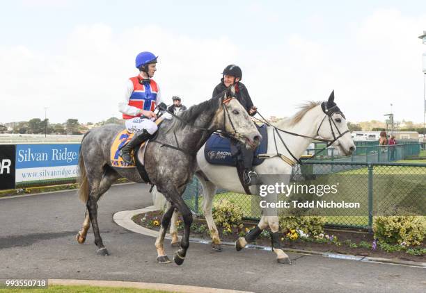 Daily Donation ridden by Lee Horner returns after the Dwyer Robinson BM58 Highweight Handicap at Warrnambool Racecourse on July 08, 2018 in...