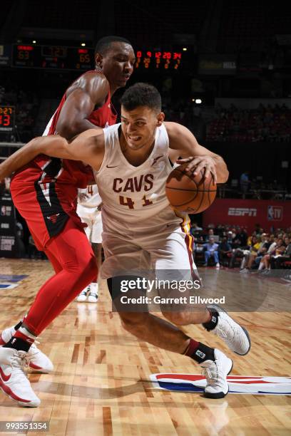 Ante Zizic of the Cleveland Cavaliers handles the ball against the Chicago Bulls during the 2018 Las Vegas Summer League on July 7, 2018 at the...
