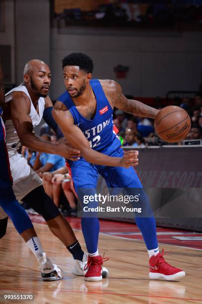 Larry Drew II of the Detroit Pistons handles the ball against the Memphis Grizzlies during the 2018 Las Vegas Summer League on July 7, 2018 at the...