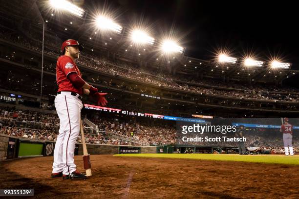 Mark Reynolds of the Washington Nationals looks on from the batters circle against the Miami Marlins during the sixth inning at Nationals Park on...