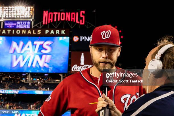 Mark Reynolds of the Washington Nationals in interviewed after the game against the Miami Marlins at Nationals Park on July 07, 2018 in Washington,...