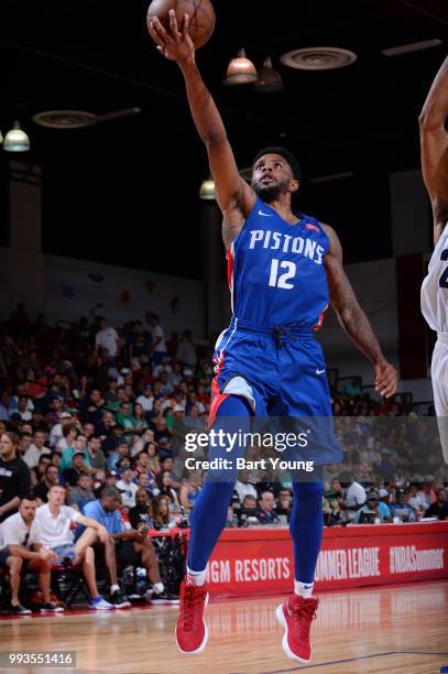 Larry Drew II of the Detroit Pistons goes to the basket against the Memphis Grizzlies during the 2018 Las Vegas Summer League on July 7, 2018 at the...