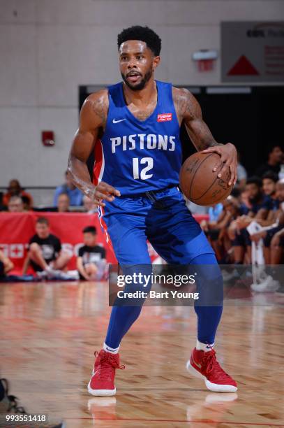 Larry Drew II of the Detroit Pistons handles the ball against the Memphis Grizzlies during the 2018 Las Vegas Summer League on July 7, 2018 at the...