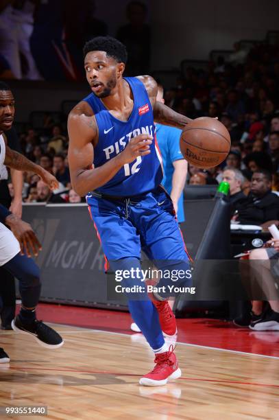 Larry Drew II of the Detroit Pistons handles the ball against the Memphis Grizzlies during the 2018 Las Vegas Summer League on July 7, 2018 at the...