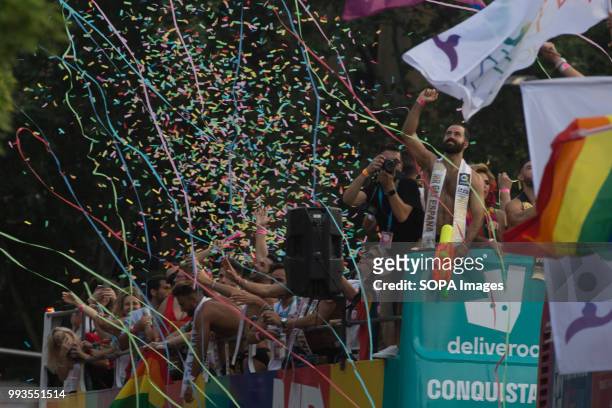 Participants seen throw confetti during the LGBT Pride. Thousands of people have participated the Gay Pride 2018 in Madrid to against LGBT phobia.