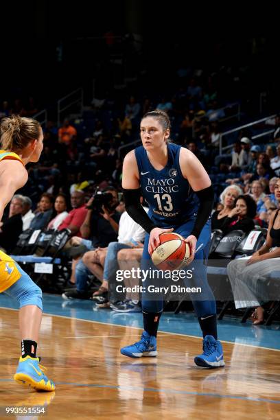 Lindsay Whalen of the Minnesota Lynx handles the ball during the game against Chicago Sky on July 07, 2018 at the Wintrust Arena in Chicago,...