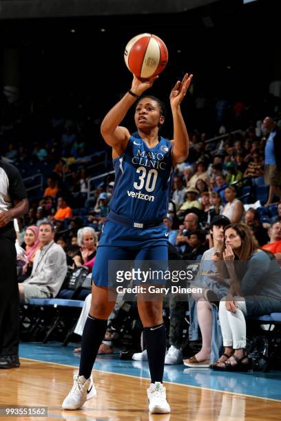 Tanisha Wright of the Minnesota Lynx passes the ball during the game against the Chicago Sky on July 07, 2018 at the Wintrust Arena in Chicago,...