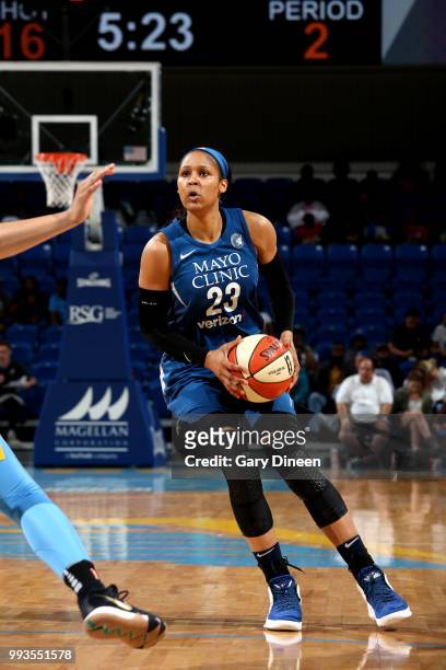 Maya Moore of the Minnesota Lynx handles the ball during the game against the Minnesota Lynx on July 07, 2018 at the Wintrust Arena in Chicago,...