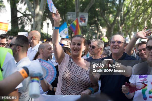 Carla Antonelli and Iñaki Gabilondo from PSOE seen during the gay parade. Thousands of people have participated the Gay Pride 2018 in Madrid to...