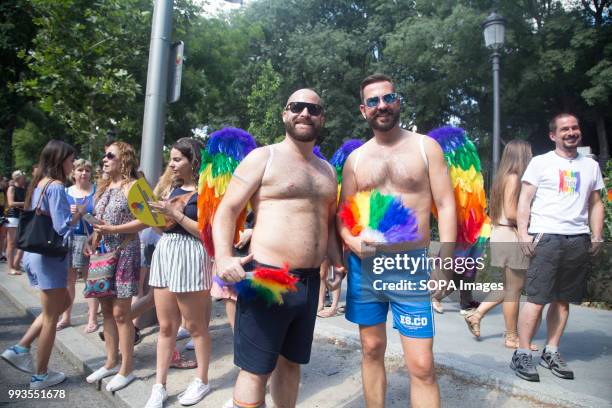 Gay couple seen during the LGBT Pride. Thousands of people have participated the Gay Pride 2018 in Madrid to against LGBT phobia.