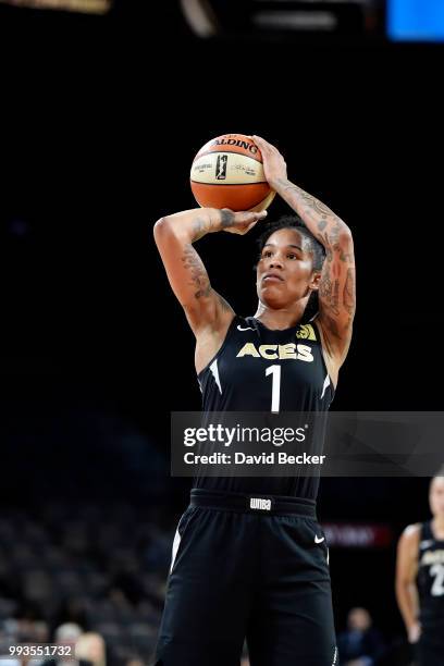 Tamera Young of the Las Vegas Aces shoots a free throw against the Connecticut Sun on July 7, 2018 at the Mandalay Bay Events Center in Las Vegas,...