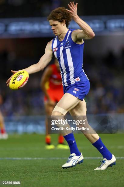 Ben Brown kicks a goal during the round 16 AFL match between the North Melbourne Kangaroos and the Gold Coast Suns at Etihad Stadium on July 8, 2018...