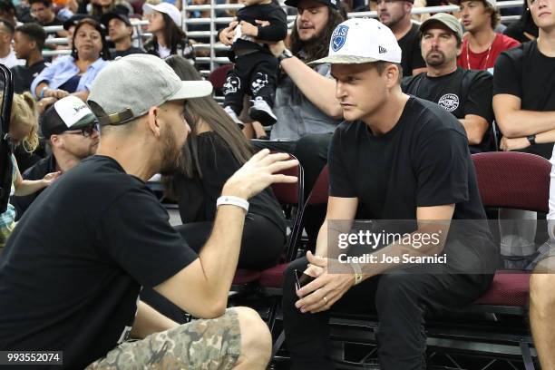 Rob Dyrdek and Mike Shinoda chat during the final heat of Street League Skateboarding: Los Angeles on July 7, 2018 in Los Angeles, California.