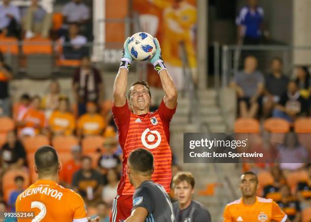 Minnesota United goalkeeper Bobby Shuttleworth leaps to trap the ball during the soccer match between the Minnesota United FC and Houston Dynamo on...