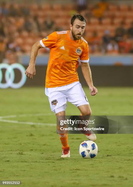 Houston Dynamo midfielder Eric Alexander dribbles the ball during the soccer match between the Minnesota United FC and Houston Dynamo on July 7, 2018...