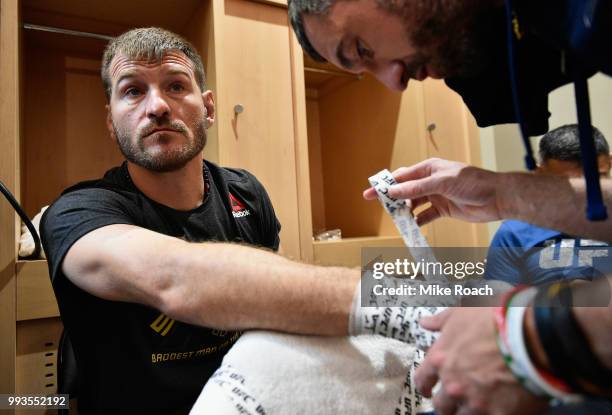 Stipe Miocic gets his hands wrapped during the UFC 226 event inside T-Mobile Arena on July 7, 2018 in Las Vegas, Nevada.