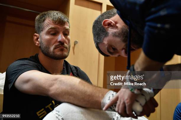 Stipe Miocic gets his hands wrapped during the UFC 226 event inside T-Mobile Arena on July 7, 2018 in Las Vegas, Nevada.