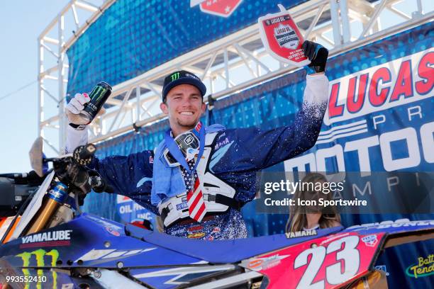 Lucas Oil Motocross rider Aaron Plessinger of Monster Energy/Yamalub/Star/Yamaha reacts after winning the 250 Class Moto during the Red Bull Redbud...