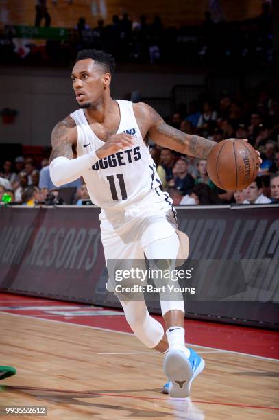 Monte Morris of the Denver Nuggets handles the ball against the Boston Celtics during the 2018 Las Vegas Summer League on July 7, 2018 at the Cox...