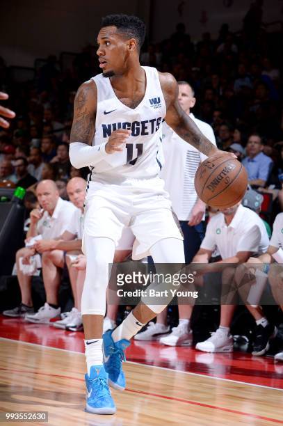 Monte Morris of the Denver Nuggets handles the ball against the Boston Celtics during the 2018 Las Vegas Summer League on July 7, 2018 at the Cox...