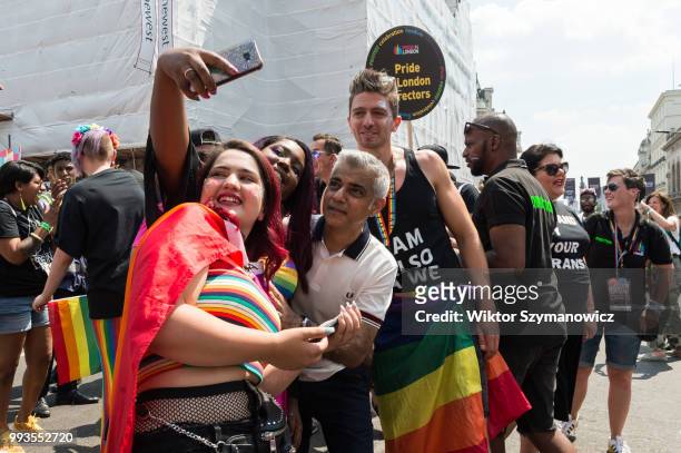 Mayor of London Sadiq Khan poses for a selfie during Pride in London parade. The annual festival attracts hundreds of thousands of people to the...