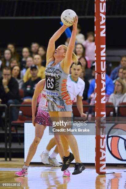 Caitlin Thwaites of the Magpies during the round 10 Super Netball match between the Thunderbirds and the Magpies at Priceline Stadium on July 8, 2018...