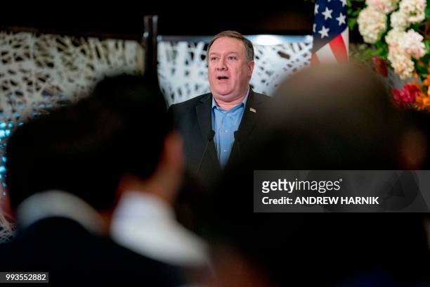 Secretary of State Mike Pompeo speaks during a press conference with Japan's Foreign Minister Taro Kono and South Korea's Foreign Minister Kang...
