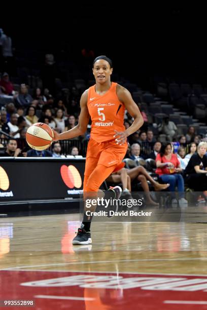 Jasmine Thomas of the Connecticut Sun handles the ball against the Las Vegas Aces on July 7, 2018 at the Mandalay Bay Events Center in Las Vegas,...