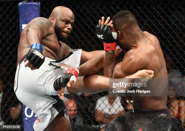 Derrick Lewis kicks Francis Ngannou of Cameroon in their heavyweight fight during the UFC 226 event inside T-Mobile Arena on July 7, 2018 in Las...