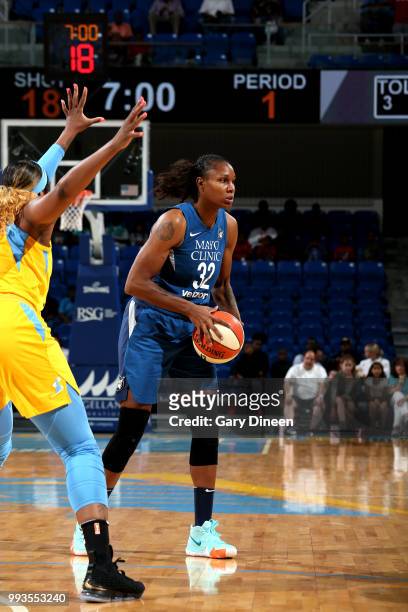Rebekkah Brunson of the Minnesota Lynx handles the ball during the game against the Chicago Sky on July 07, 2018 at the Wintrust Arena in Chicago,...