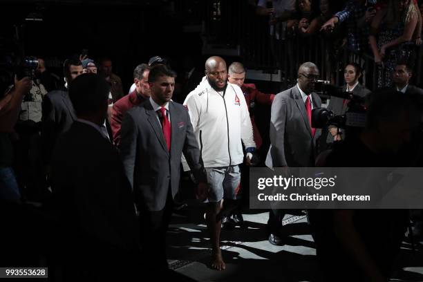 Derrick Lewis prepares to enter the Octagon against Francis Ngannou of Cameroon in their heavyweight fight during the UFC 226 event inside T-Mobile...