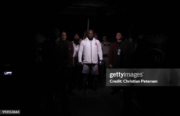 Derrick Lewis prepares to enter the Octagon against Francis Ngannou of Cameroon in their heavyweight fight during the UFC 226 event inside T-Mobile...