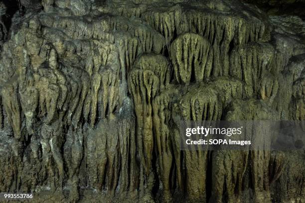 Stalagmites seen on the wall of the cave. Ingleborough Cave is a beautiful cave close to the village of Clapham in North Yorkshire, England adjacent...