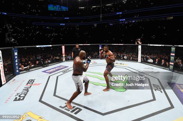 Derrick Lewis and Francis Ngannou of Cameroon face each other in their heavyweight fight during the UFC 226 event inside T-Mobile Arena on July 7,...