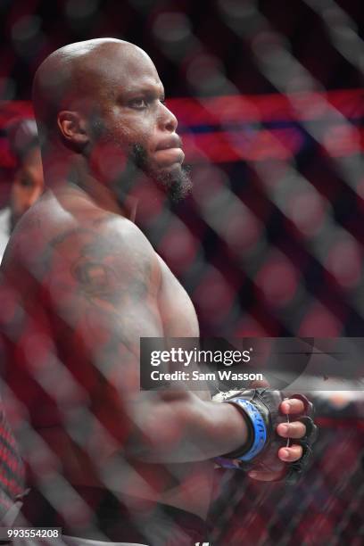 Derrick Lewis stands in the octagon before his heavyweight fight against Francis Ngannou at T-Mobile Arena on July 7, 2018 in Las Vegas, Nevada....