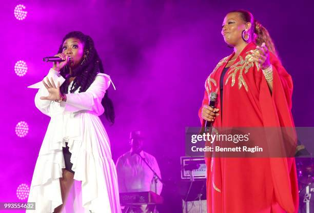 Brandy and Queen Latifah perform onstage during the 2018 Essence Festival presented By Coca-Cola - Day 2 at Louisiana Superdome on July 7, 2018 in...