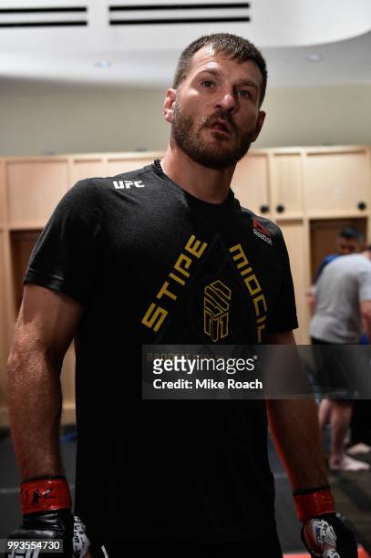 Stipe Miocic warms up backstage during the UFC 226 event inside T-Mobile Arena on July 7, 2018 in Las Vegas, Nevada.