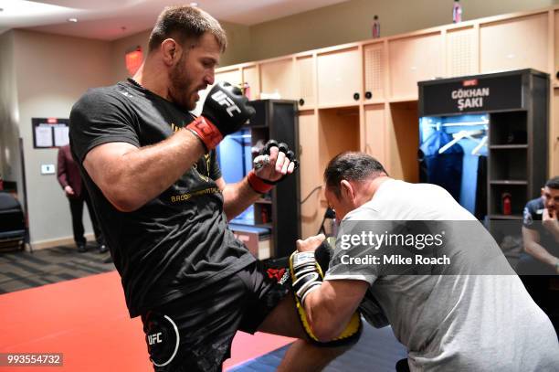 Stipe Miocic warms up backstage during the UFC 226 event inside T-Mobile Arena on July 7, 2018 in Las Vegas, Nevada.