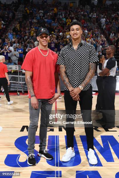 Lonzo Ball and Kyle Kuzma of the the Los Angeles Lakers attend the game against the the Philadelphia 76ers during the 2018 Las Vegas Summer League on...