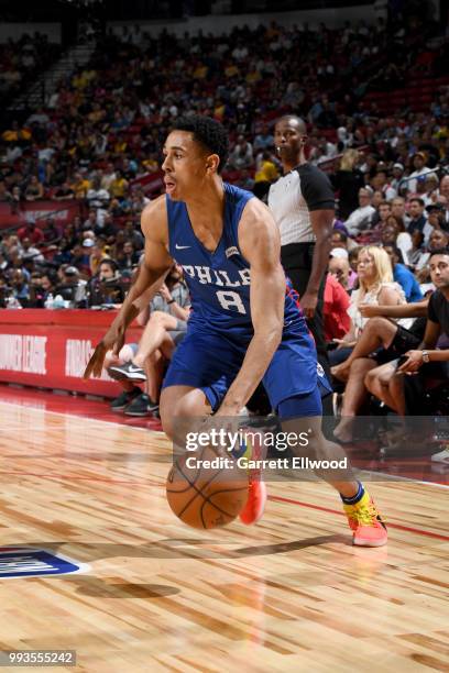 Zhaire Smith of the Philadelphia 76ers handles the ball against the Los Angeles Lakers during the 2018 Las Vegas Summer League on July 7, 2018 at the...