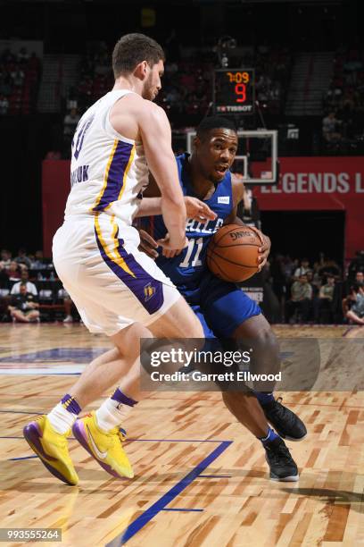 Demetrius Jackson of the Philadelphia 76ers handles the ball against the Los Angeles Lakers during the 2018 Las Vegas Summer League on July 7, 2018...