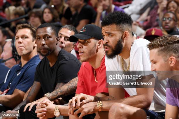Kentavious Caldwell-Pope, Lonzo Ball, and JaVale McGee of the the Los Angeles Lakers attend the game against the the Philadelphia 76ers during the...