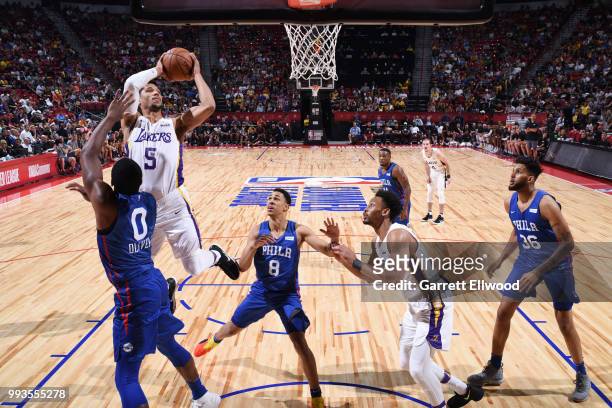 Josh Hart of the Los Angeles Lakers goes to the basket against the Philadelphia 76ers during the 2018 Las Vegas Summer League on July 7, 2018 at the...